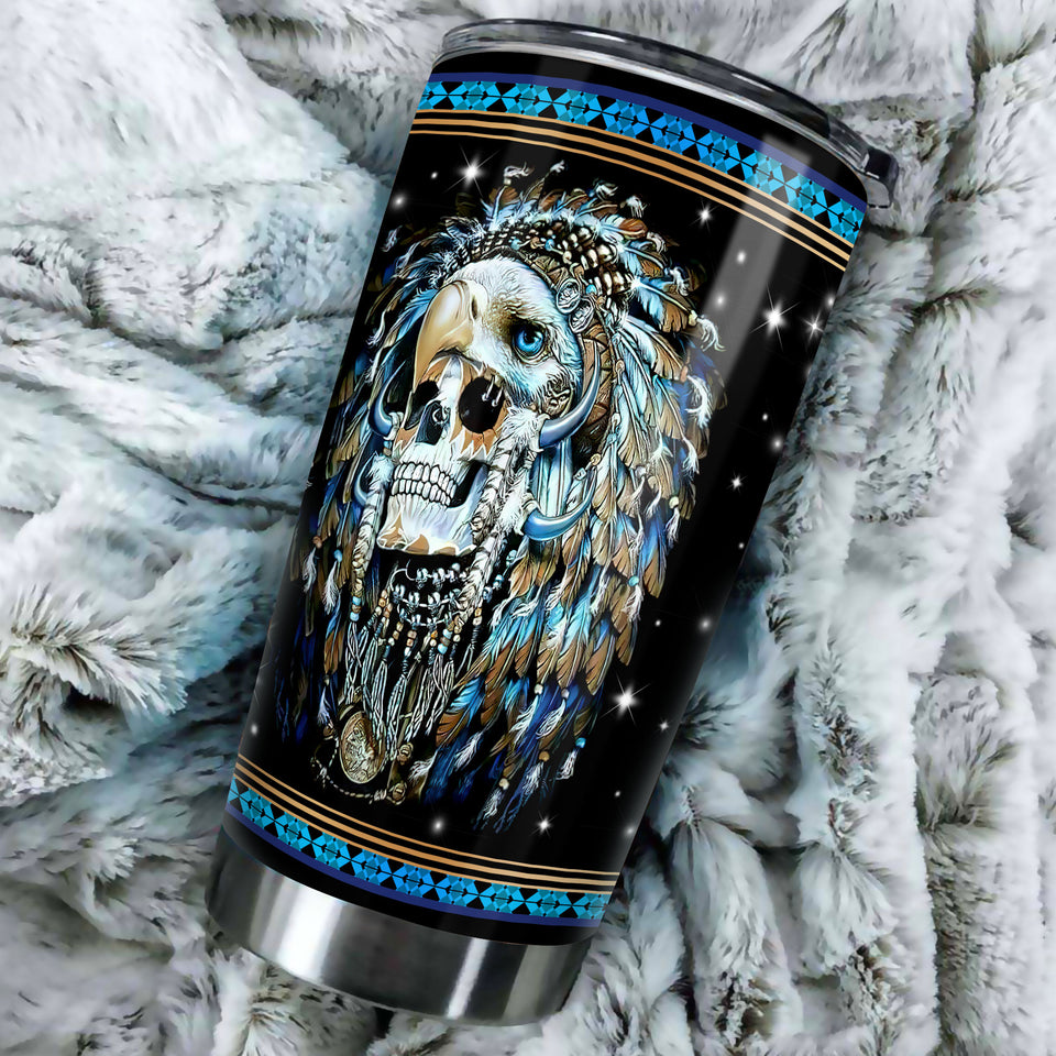 Camellia Personalized 3D Native American Skull Stainless Steel Tumbler - Double-Walled Insulation Vacumm Flask - Gift for Native American, Christmas