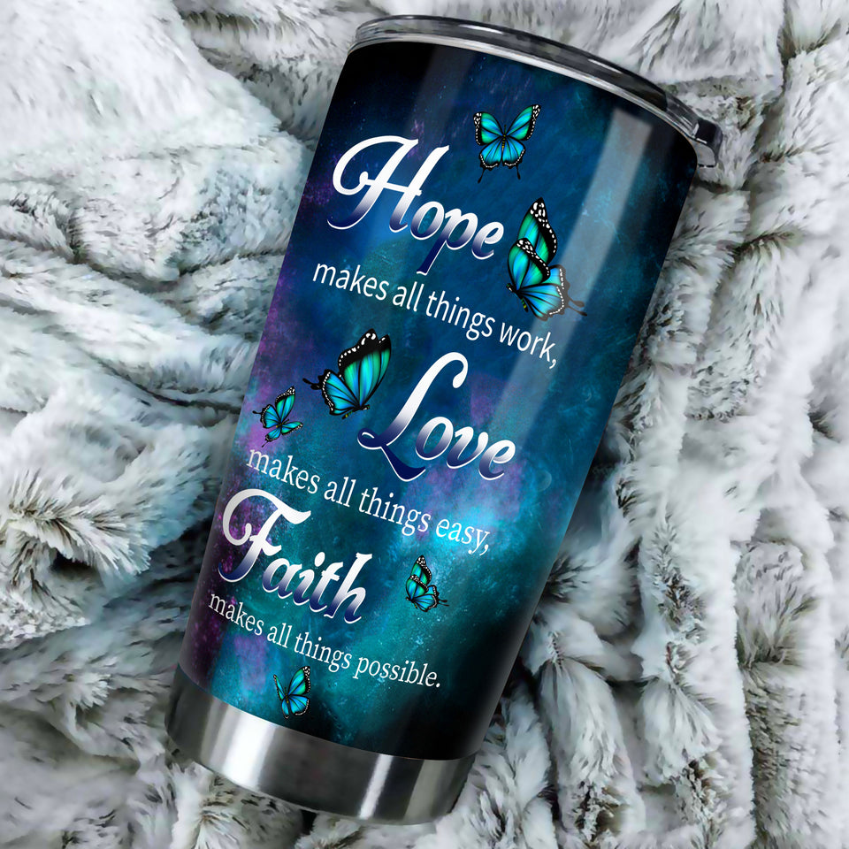 Camellia Personalized Blue Butterfly Live Love Faith Stainless Steel Tumbler - Double-Walled Insulation Vacumm Flask - Gift For Thanksgiving, Memorial Day