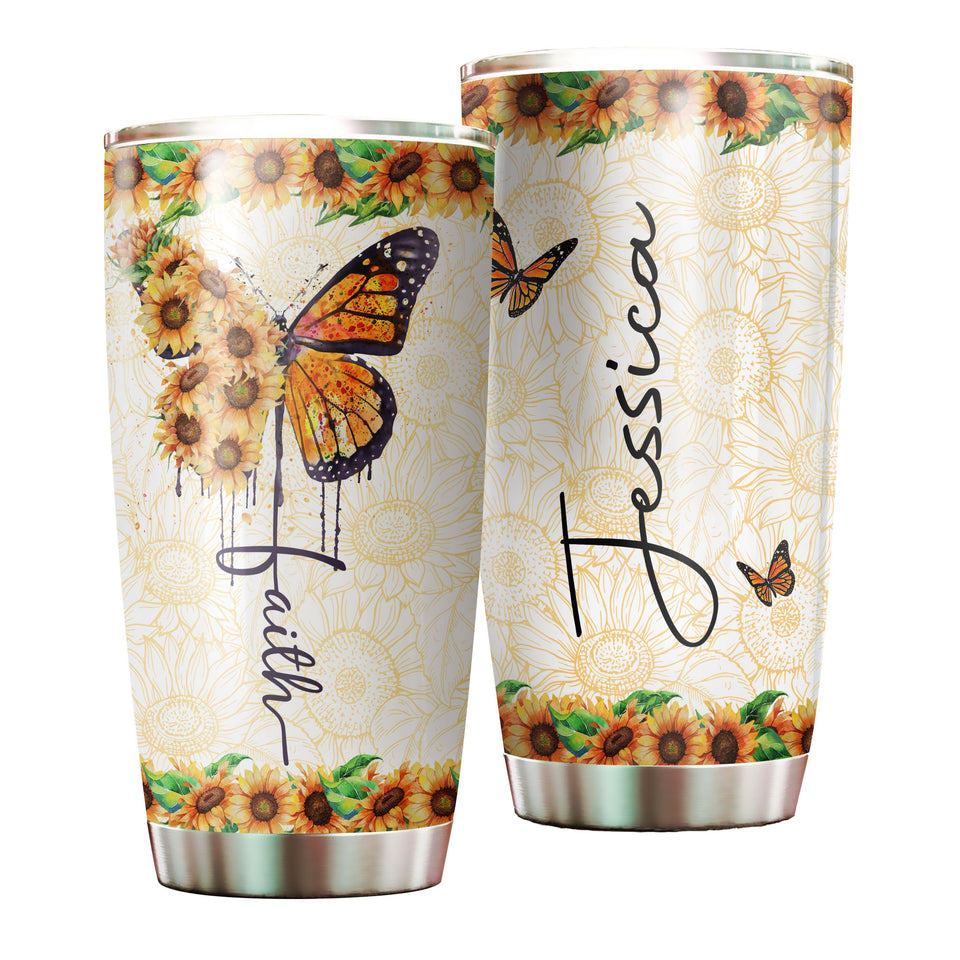 Camellia Personalized Butterfly Faith Sunflower Stainless Steel Tumbler - Double-Walled Insulation Vacumm Flask - For Thanksgiving, Memorial Day, Christians, Christmas Gift