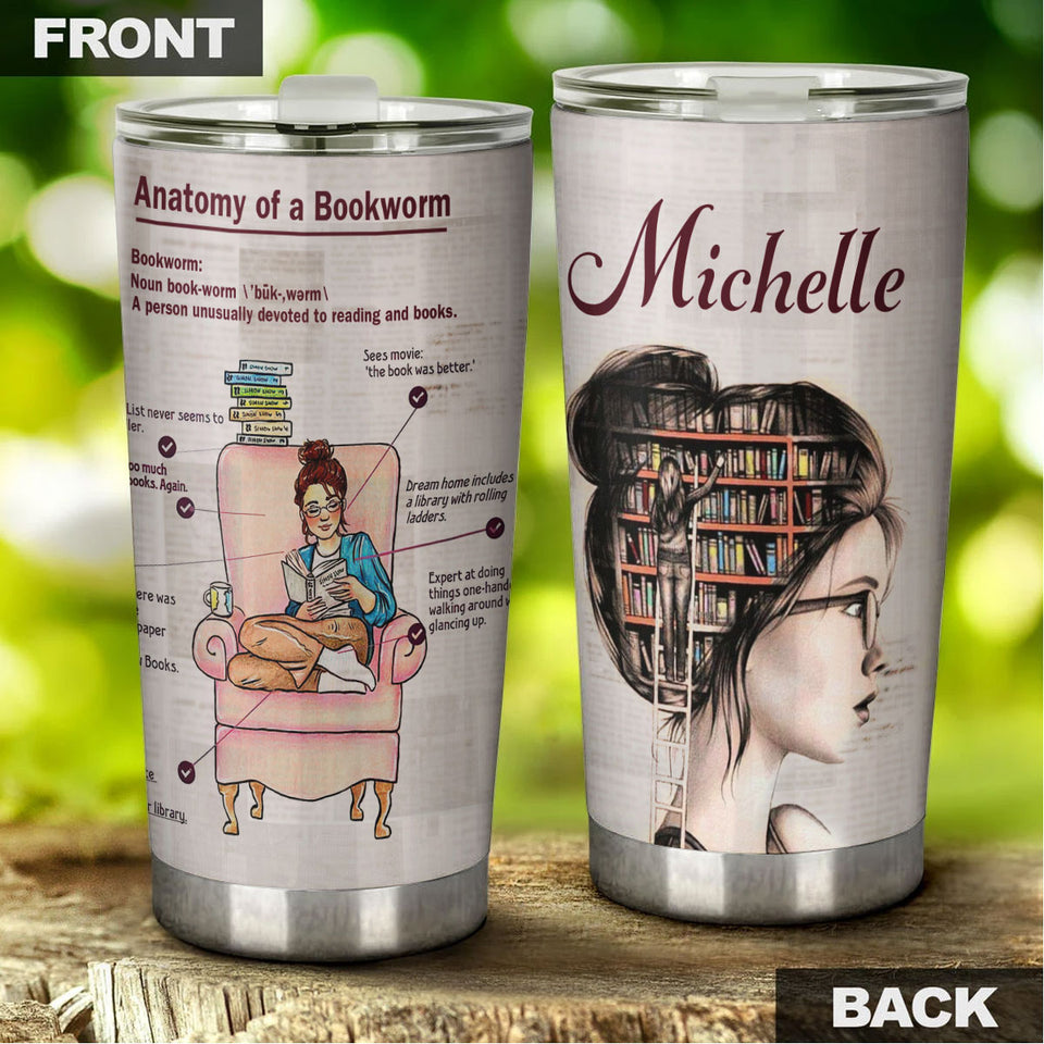 Camellia Personalized Bookworm Anatomy Stainless Steel Tumbler - Double-Walled Insulation Vacumm Flask - Gift For Book Lovers, Nerd, International Book Day