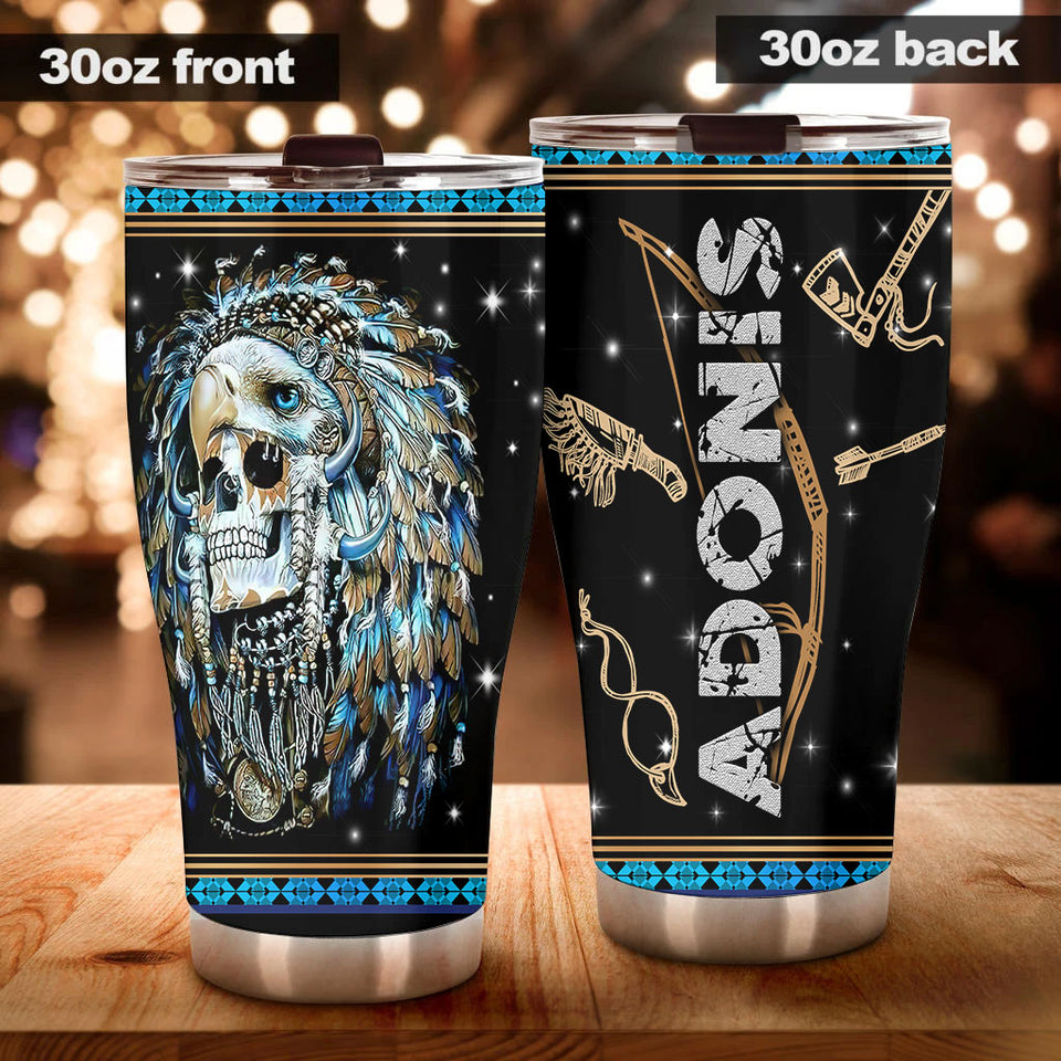 Camellia Personalized 3D Native American Skull Stainless Steel Tumbler - Double-Walled Insulation Vacumm Flask - Gift for Native American, Christmas