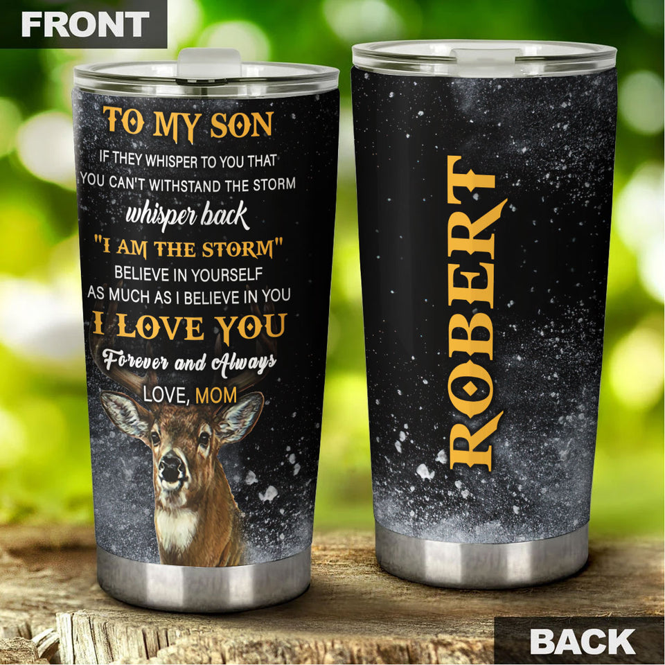 Camellia Personalized 3D Deer To My Son I Love You Forever And Always Mom Stainless Steel Tumbler - Customized Double-Walled Insulation Travel Thermal Cup With Lid Gift For Son Deer Lover