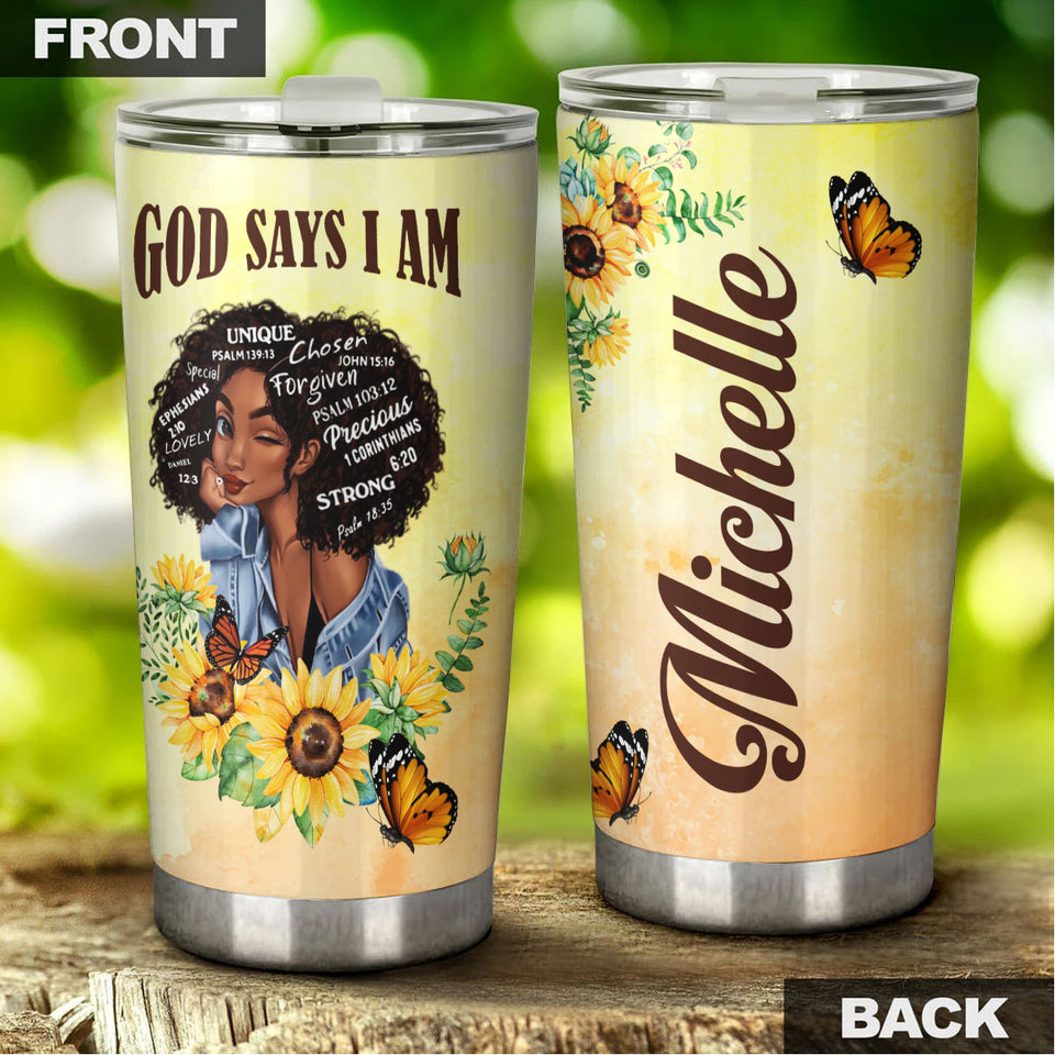Camellia Persionalized 3D God Say I Am Stainless Steel Tumbler - Customized Double - Walled Insulation Travel Thermal Cup With Lid Gift For Christian Black Queen