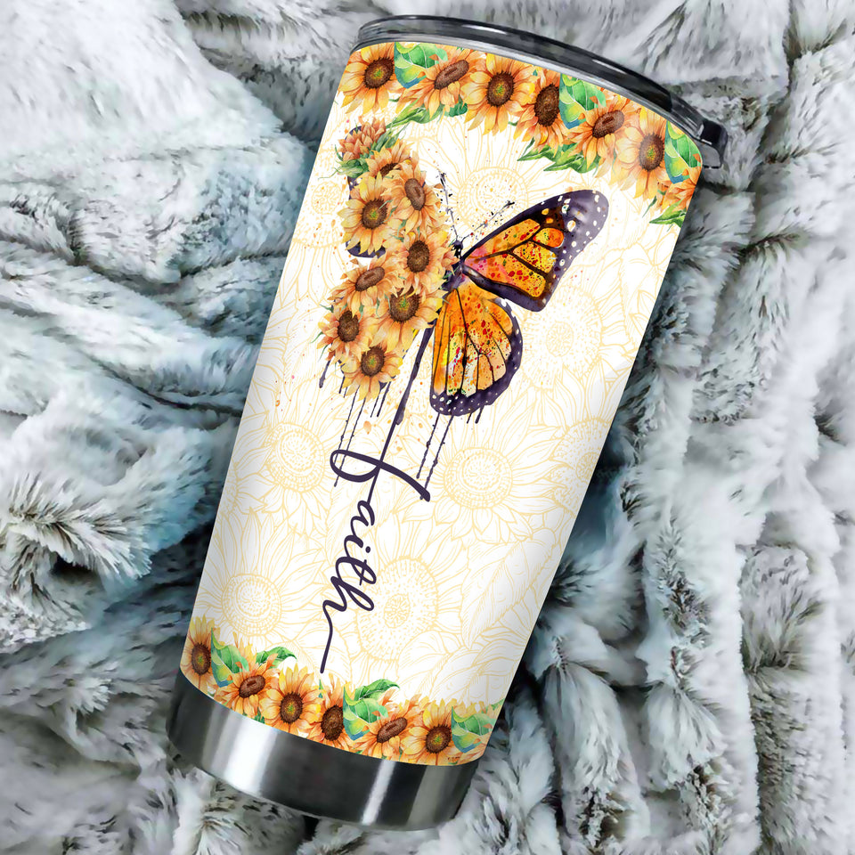 Camellia Personalized Butterfly Faith Sunflower Stainless Steel Tumbler - Double-Walled Insulation Vacumm Flask - For Thanksgiving, Memorial Day, Christians, Christmas Gift