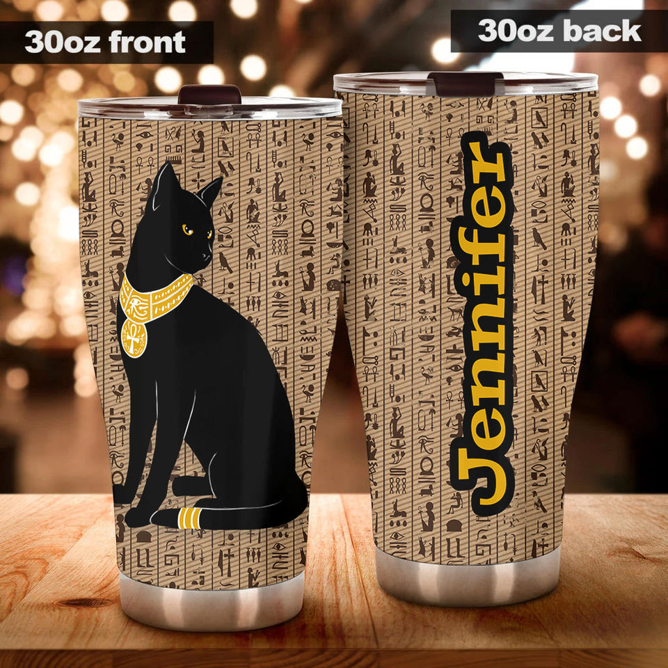 Camellia Personalized Black Cat Egypt Stainless Steel Tumbler-Therma Flask Gift For Cat Lover Mom Cat