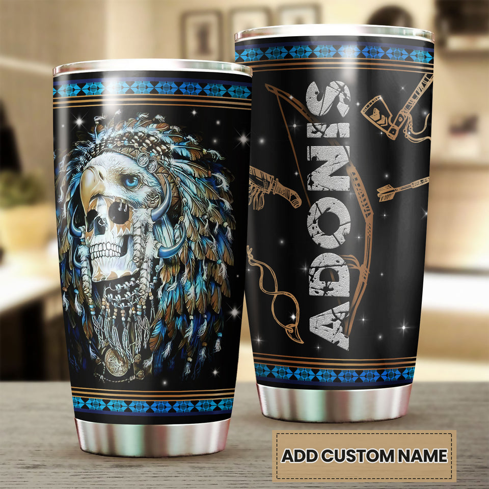 Camellia Personalized 3D Native American Skull Stainless Steel Tumbler - Double-Walled Insulation Vacumm Flask - Gift for Native American, Christmas