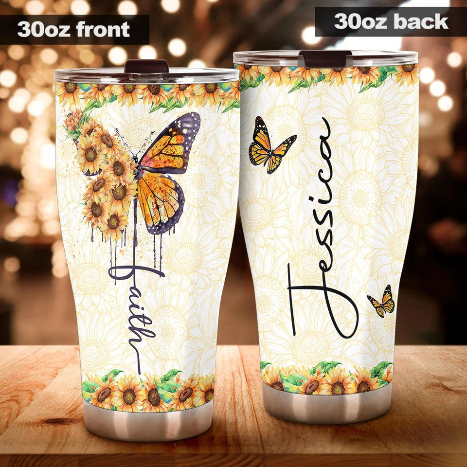 Camellia Personalized Butterfly Faith Sunflower Stainless Steel Tumbler - Double-Walled Insulation Vacumm Flask - For Thanksgiving, Memorial Day, Christians, Christmas Gift