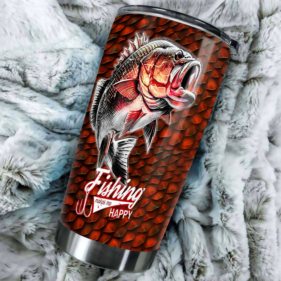 Camellia Personalized Fishing Makes Me Happy Stainless Steel Tumbler - Customized Double-Walled Insulation Travel Thermal Cup With Lid Gift For Fisherman