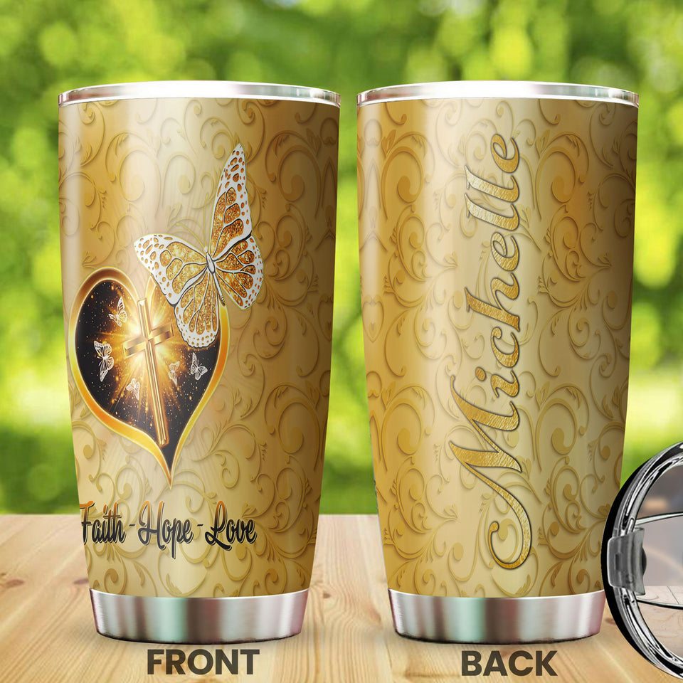 Camellia Personalized Golden Butterfly Cross Faith Hope Love Stainless Steel Tumbler - Customized Double-Walled Insulation Travel Thermal Cup With Lid Gift For Christian