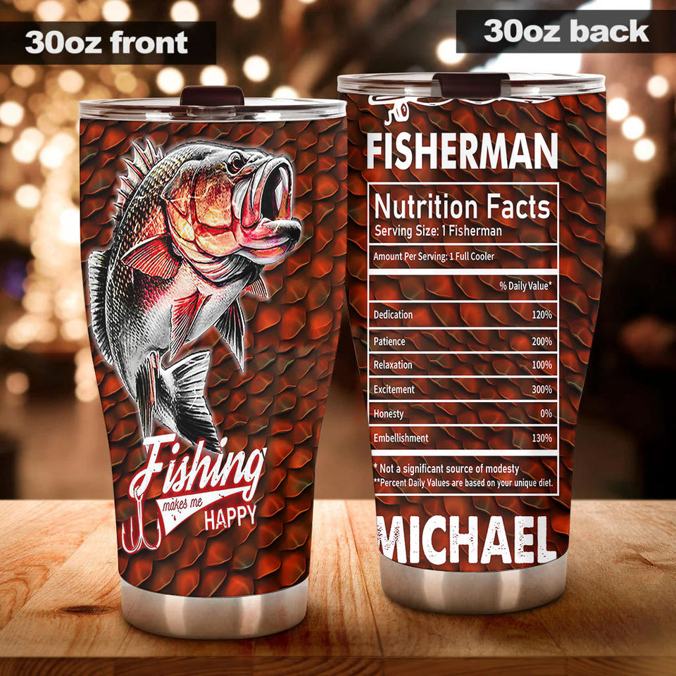 Camellia Personalized Fishing Makes Me Happy Stainless Steel Tumbler - Customized Double-Walled Insulation Travel Thermal Cup With Lid Gift For Fisherman