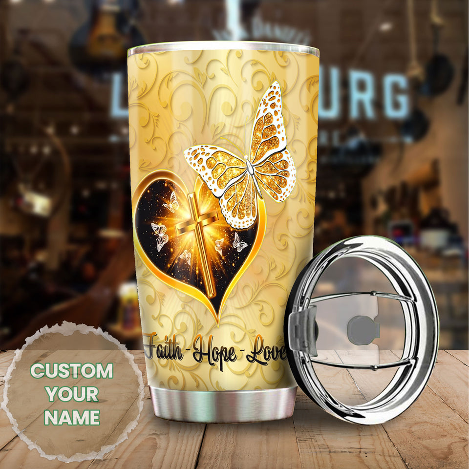Camellia Personalized Golden Butterfly Cross Faith Hope Love Stainless Steel Tumbler - Customized Double-Walled Insulation Travel Thermal Cup With Lid Gift For Christian