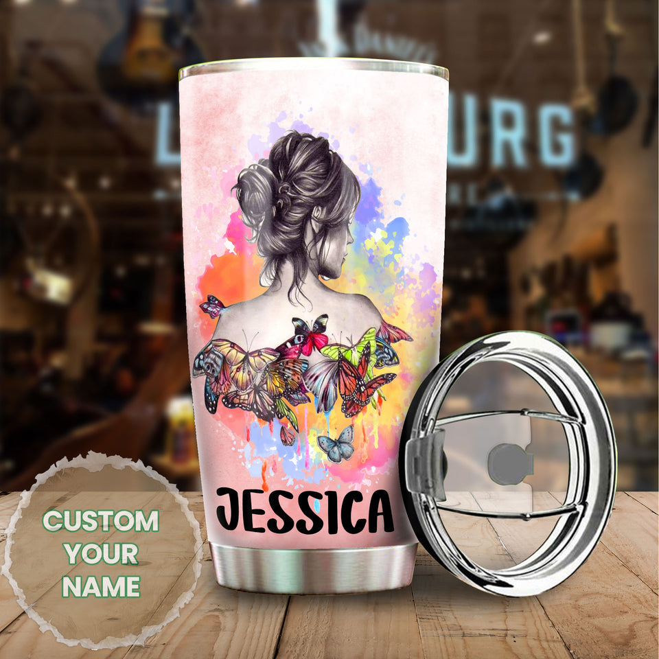 Camellia Personalized Butterfly Hippie Girl Stainless Steel Tumbler - Double-Walled Insulation Vacumm Flask - For Thanksgiving, Memorial Day, Christmas Gift