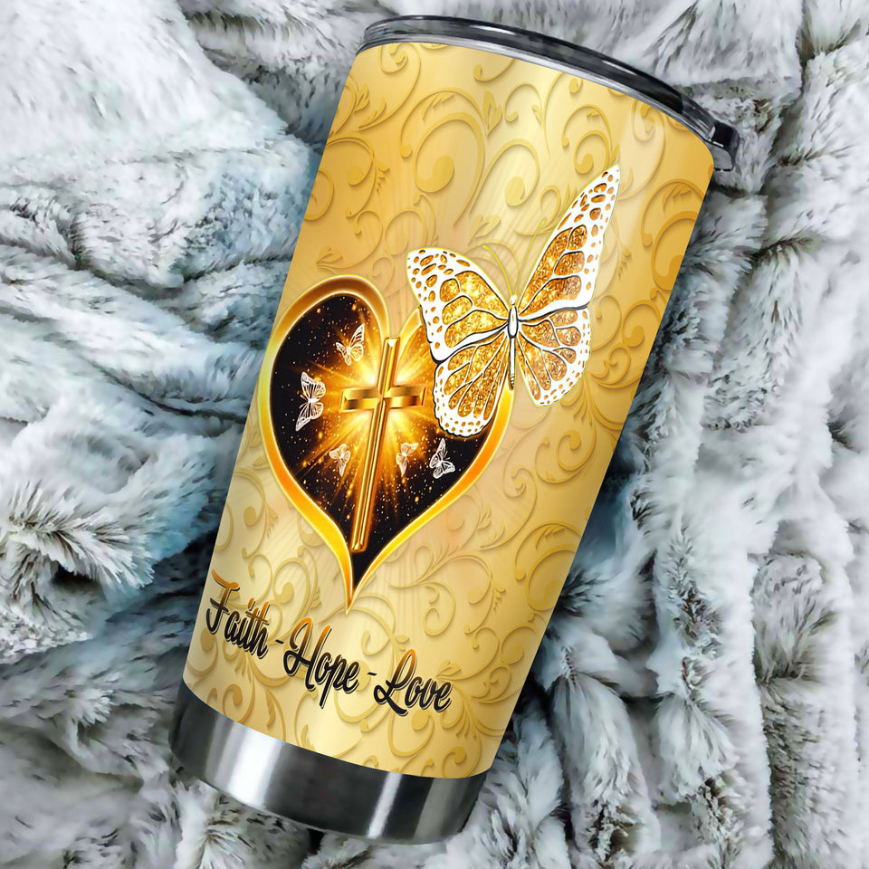 Camellia Personalized Golden Butterfly Cross Faith Hope Love Stainless Steel Tumbler - Customized Double-Walled Insulation Travel Thermal Cup With Lid Gift For Christian