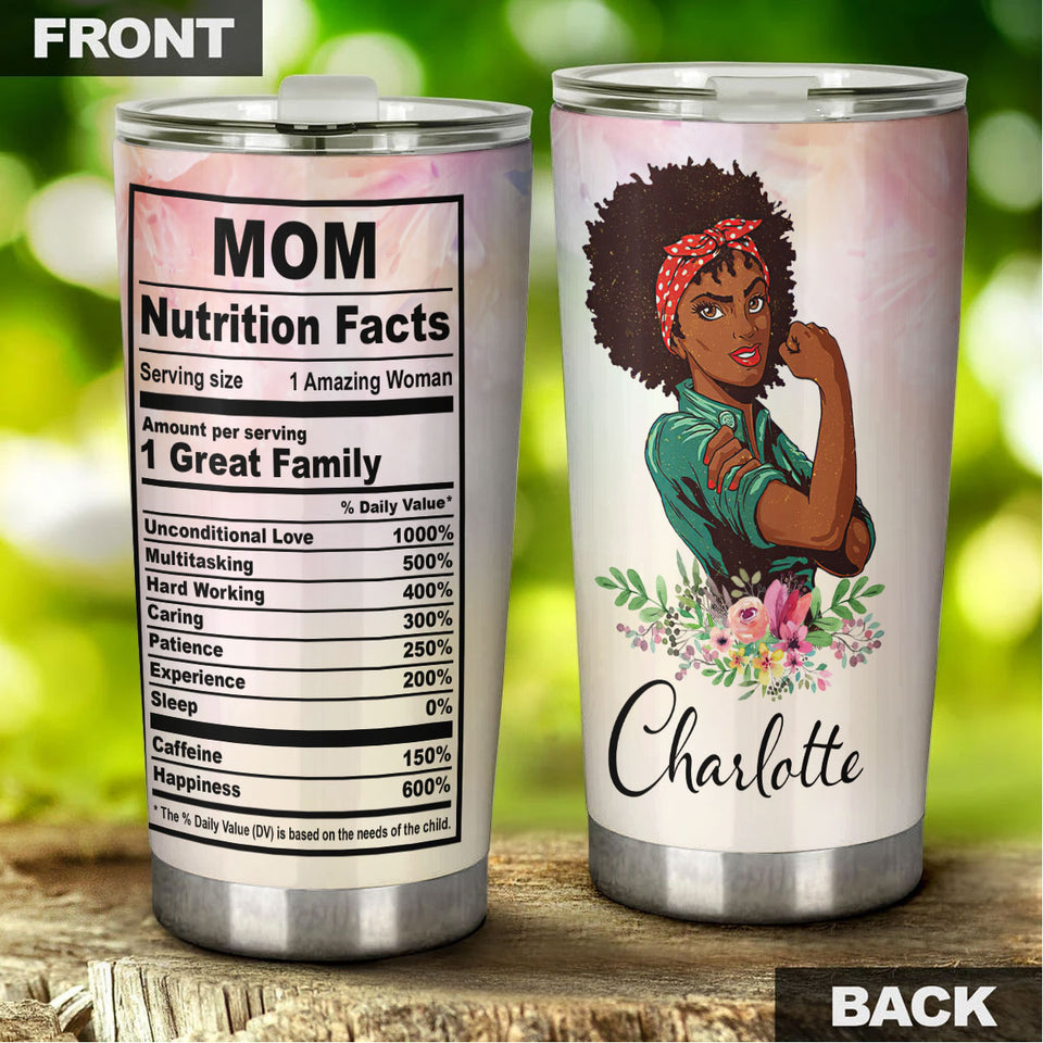 Camellia Personalized Black Mom Fact Stainless Steel Tumbler - Double-Walled Insulation Vacumm Flask - Gift For Black Queen, International Women's Day, Hippie Girls