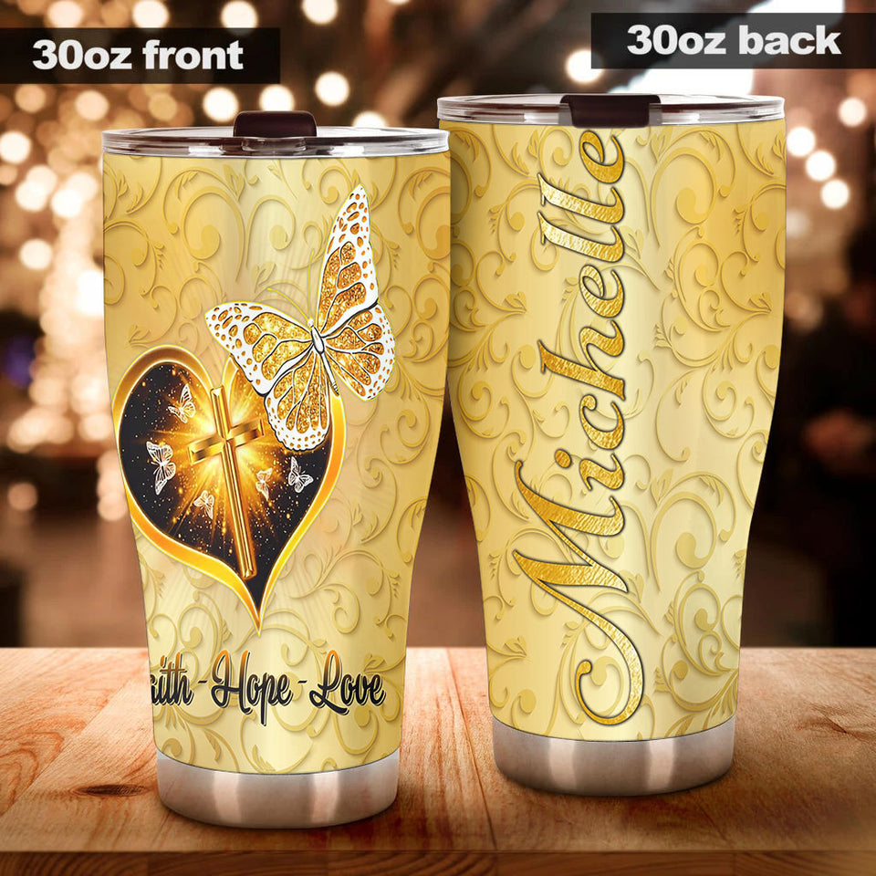 Camellia Personalized Golden Butterfly Cross Faith Hope Love Stainless Steel Tumbler - Customized Double-Walled Insulation Travel Thermal Cup With Lid Gift For Christian