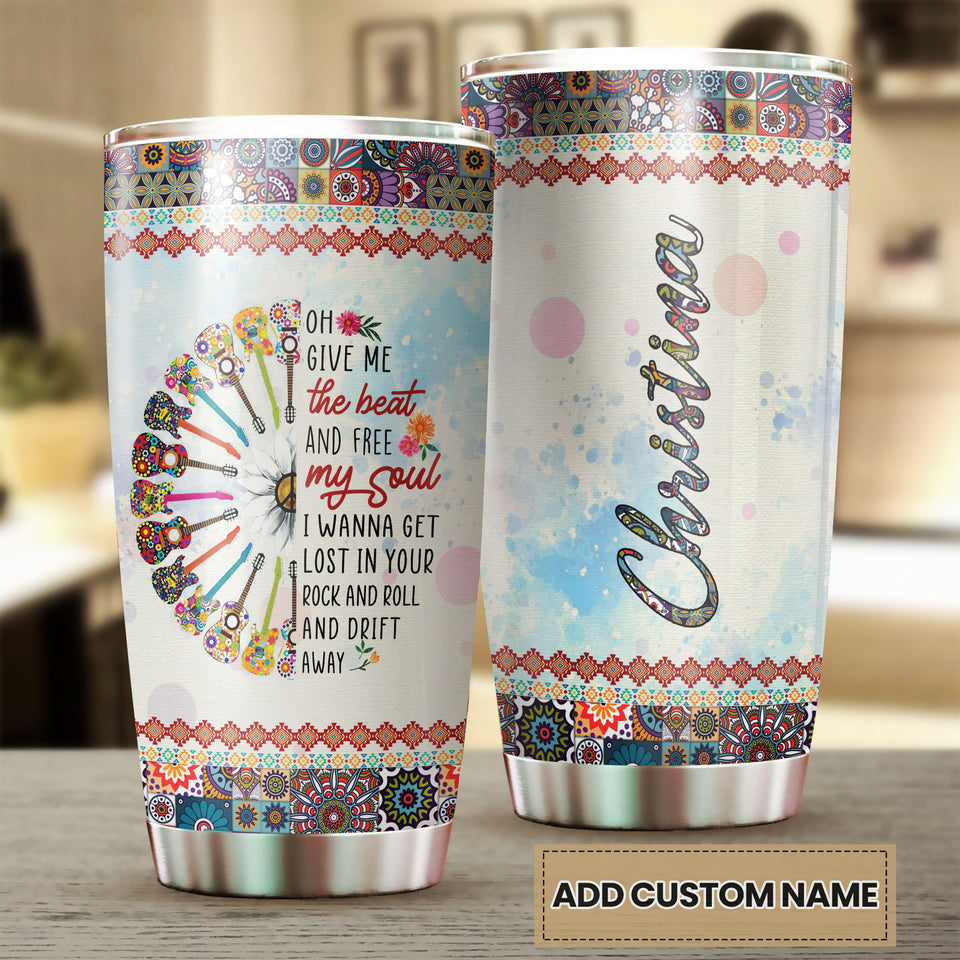 Camellia Personalized Hippie Guitarist Give Me The Beat And Free My Soul Stainless Steel Tumbler-Double-Walled Insulation Travel Cup With Lid Gift For Guitar Player