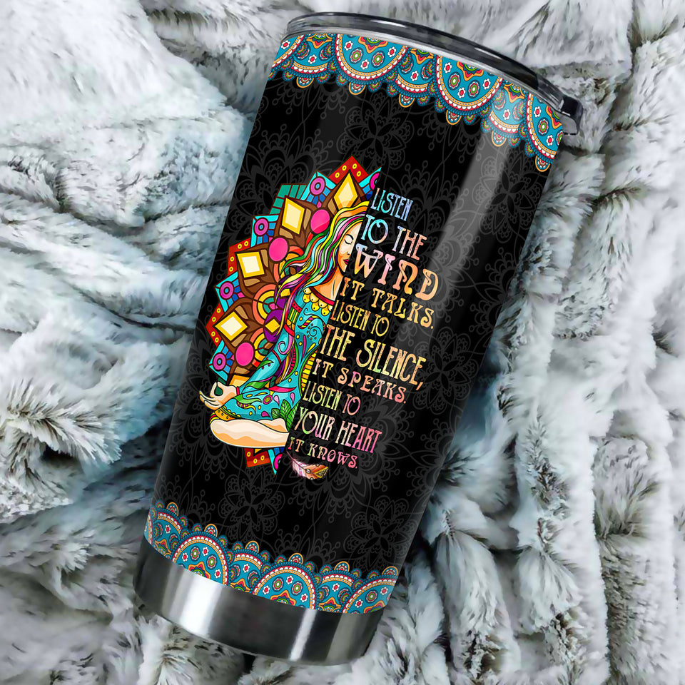 Camellia Personalized Hippie Girl Listen To The wind To The Silence Stainless Steel Tumbler-Sweat-Proof Double Wall Travel Cup With Lid