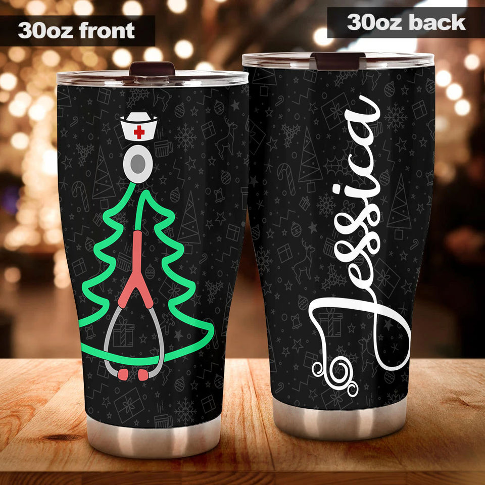 Camellia Personalized Christmas Nurse Stainless Steel Tumbler - Customized Double-Walled Insulation Travel Thermal Cup With Lid