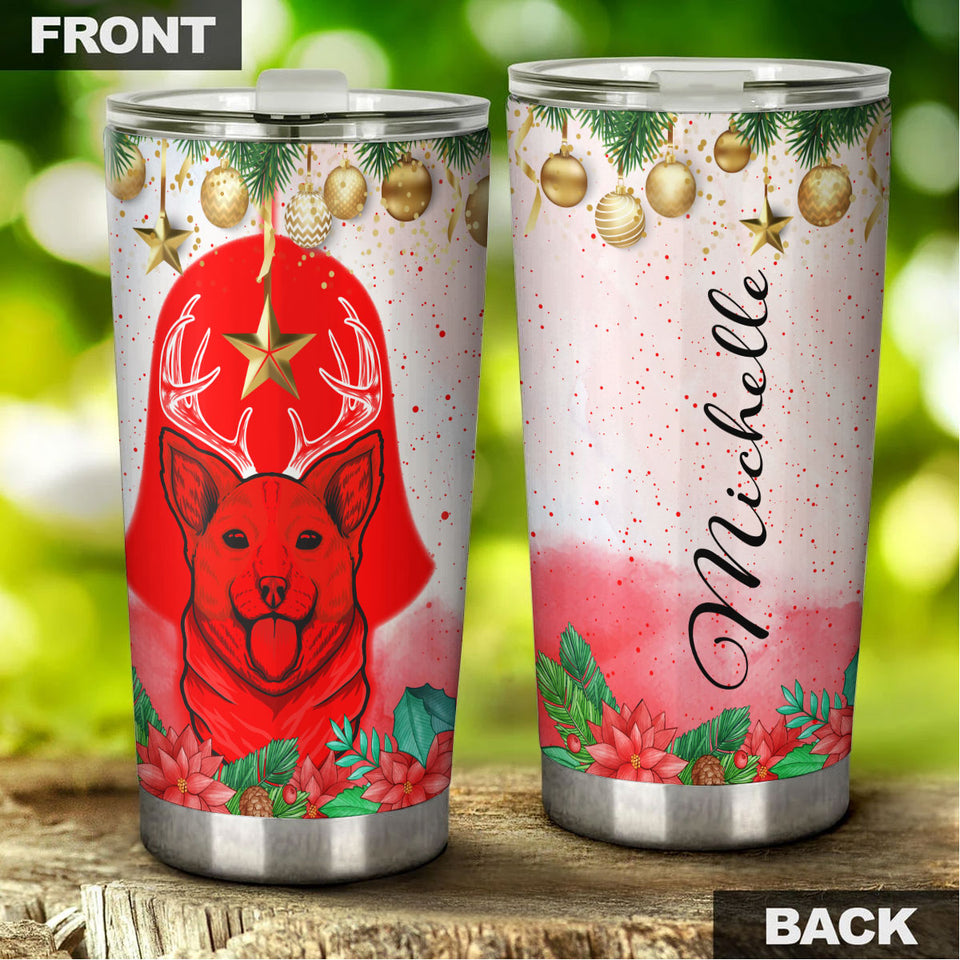 Camellia Personalized Christmas Corgi Art Stainless Steel Tumbler - Customized Double-Walled Insulation Travel Thermal Cup With Lid Gift For Dog Lover
