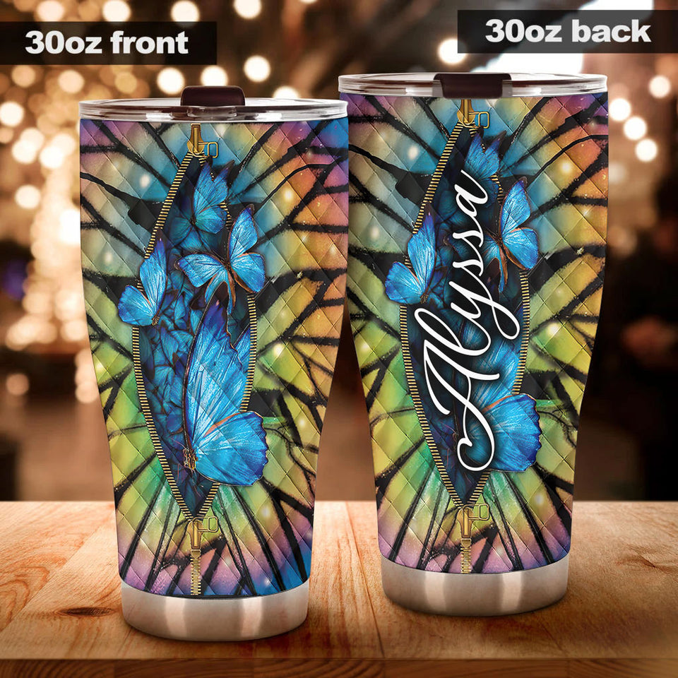Camellia Personalized Butterfly Zipper Stainless Steel Tumbler - Double-Walled Insulation Vacumm Flask - For Thanksgiving, Memorial Day, Christians, Christmas Gift