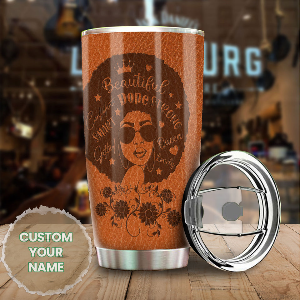 Camellia Personalized Black Women Leather Style Stainless Steel Tumbler - Double-Walled Insulation Vacumm Flask - Gift For Black Queen, International Women's Day, Hippie Girls