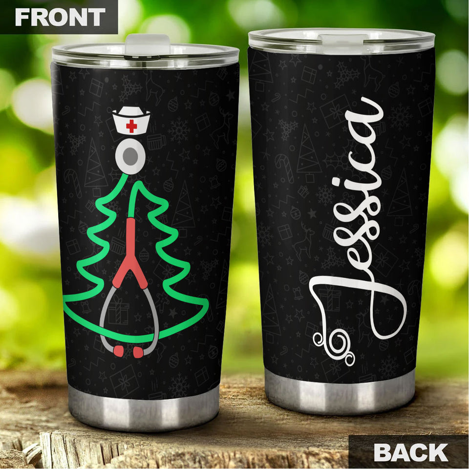Camellia Personalized Christmas Nurse Stainless Steel Tumbler - Customized Double-Walled Insulation Travel Thermal Cup With Lid