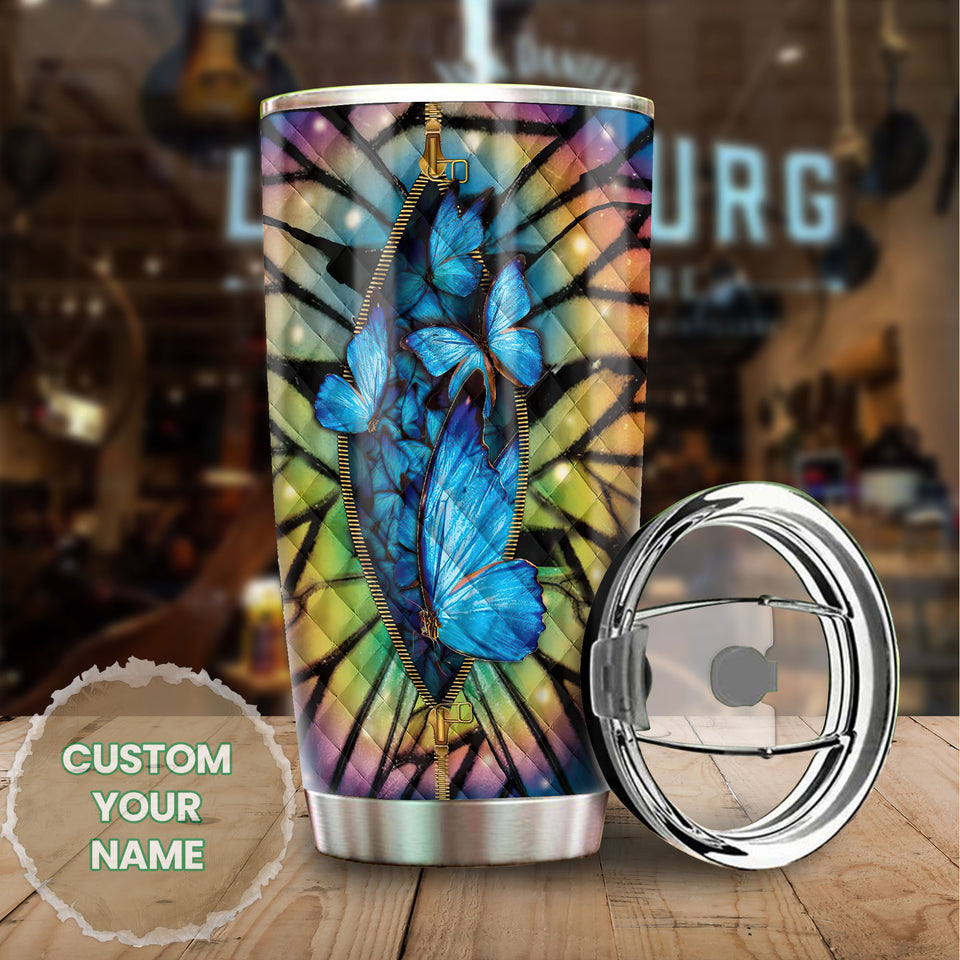 Camellia Personalized Butterfly Zipper Stainless Steel Tumbler - Double-Walled Insulation Vacumm Flask - For Thanksgiving, Memorial Day, Christians, Christmas Gift