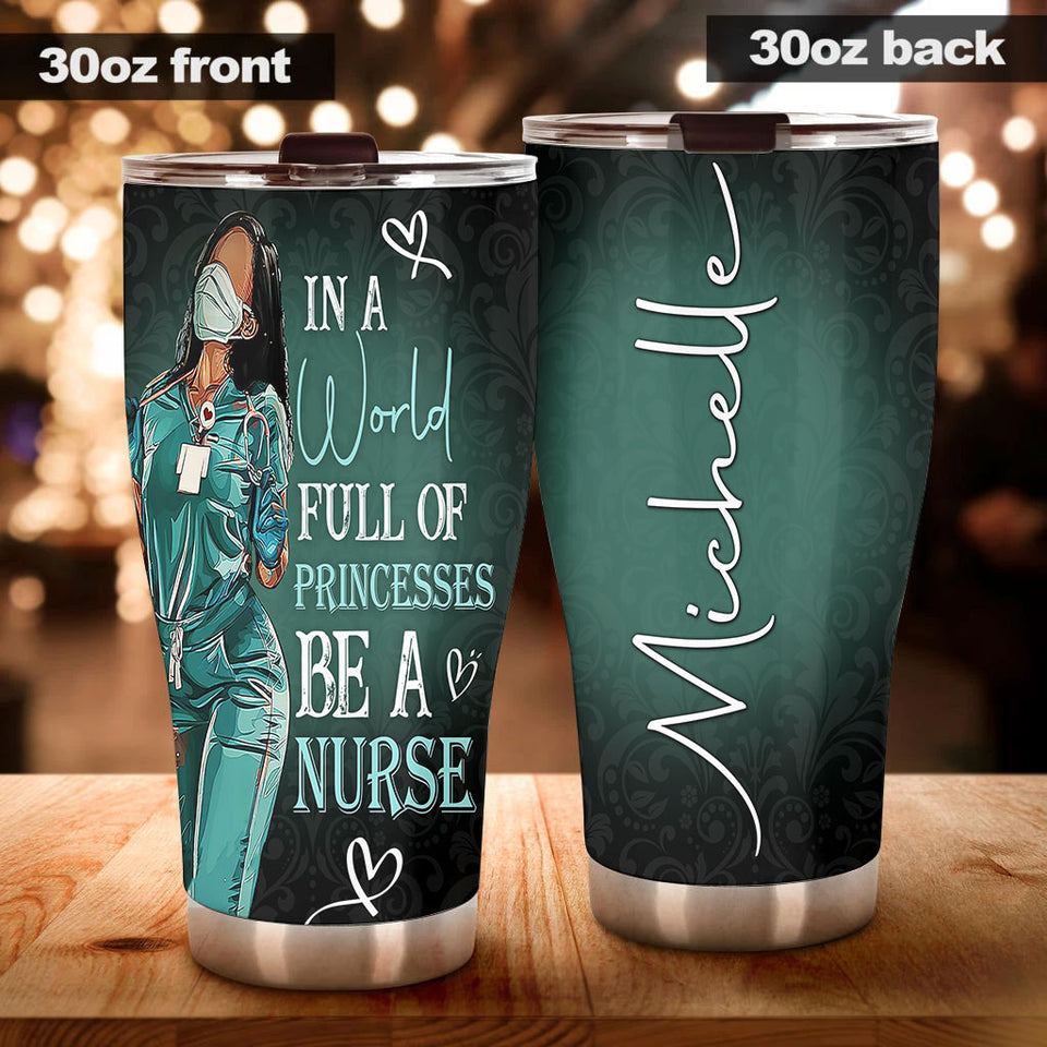Camellia Personalized Black Nurse Princess Stainless Steel Tumbler - Double-Walled Insulation Vacumm Flask - Gift For Black Queen, International Women's Day, Nurse's Day