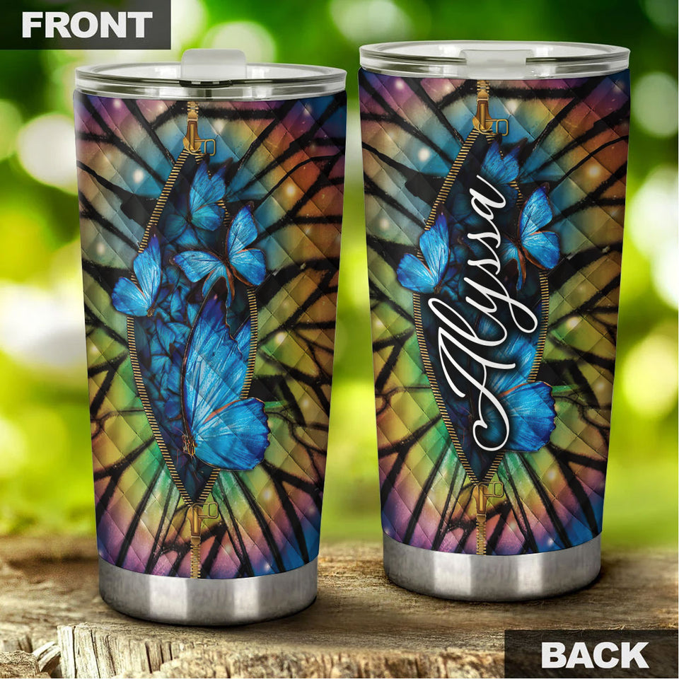 Camellia Personalized Butterfly Zipper Stainless Steel Tumbler - Double-Walled Insulation Vacumm Flask - For Thanksgiving, Memorial Day, Christians, Christmas Gift