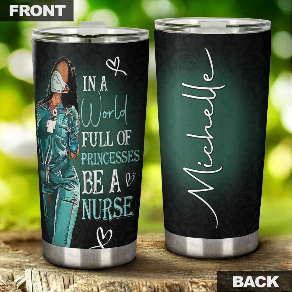 Camellia Personalized Black Nurse Princess Stainless Steel Tumbler - Double-Walled Insulation Vacumm Flask - Gift For Black Queen, International Women's Day, Nurse's Day