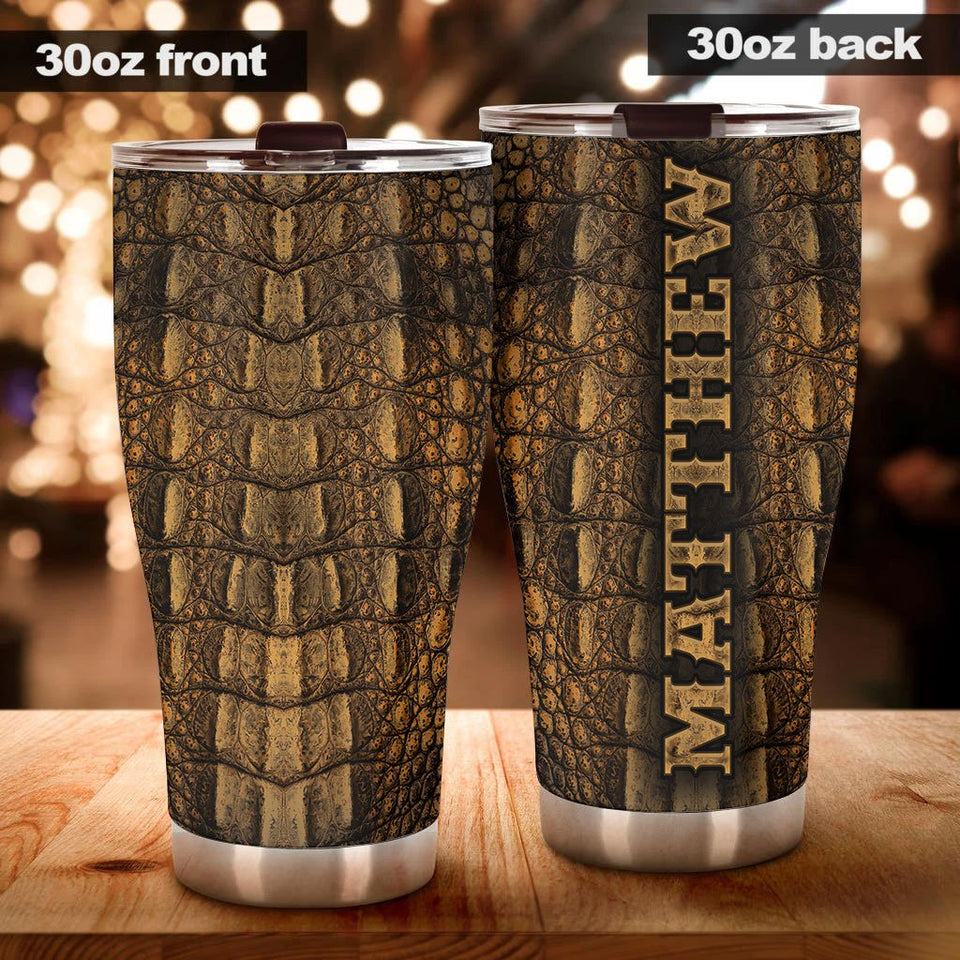 Camellia Persionalized Crocodile Leather Stainless Steel Tumbler - Customized Double - Walled Insulation Thermal Cup With Lid Gift For Baseball Player