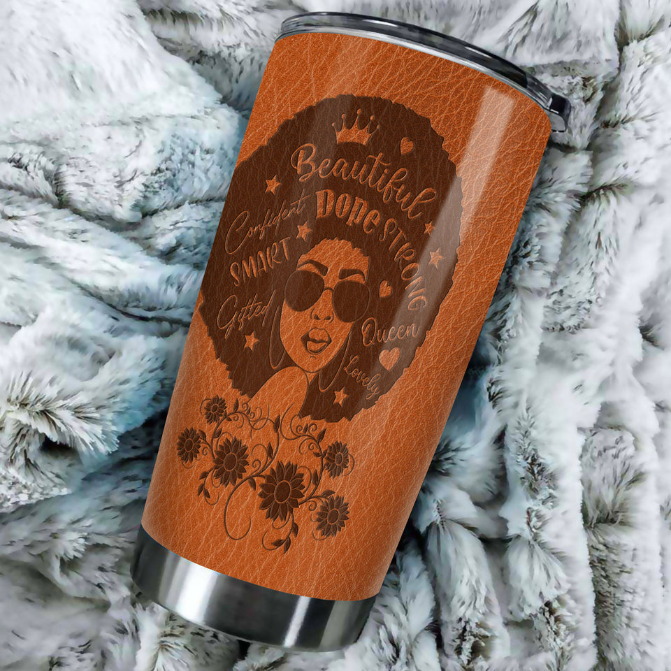 Camellia Personalized Black Women Leather Style Stainless Steel Tumbler - Double-Walled Insulation Vacumm Flask - Gift For Black Queen, International Women's Day, Hippie Girls