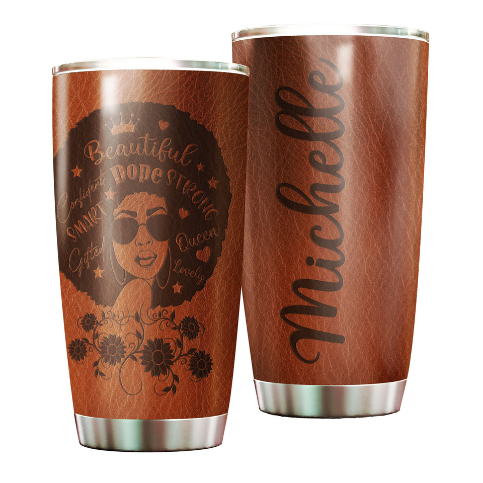Camellia Personalized Black Women Leather Style Stainless Steel Tumbler - Double-Walled Insulation Vacumm Flask - Gift For Black Queen, International Women's Day, Hippie Girls