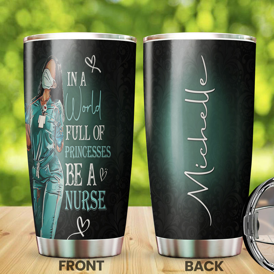 Camellia Personalized Black Nurse Princess Stainless Steel Tumbler - Double-Walled Insulation Vacumm Flask - Gift For Black Queen, International Women's Day, Nurse's Day