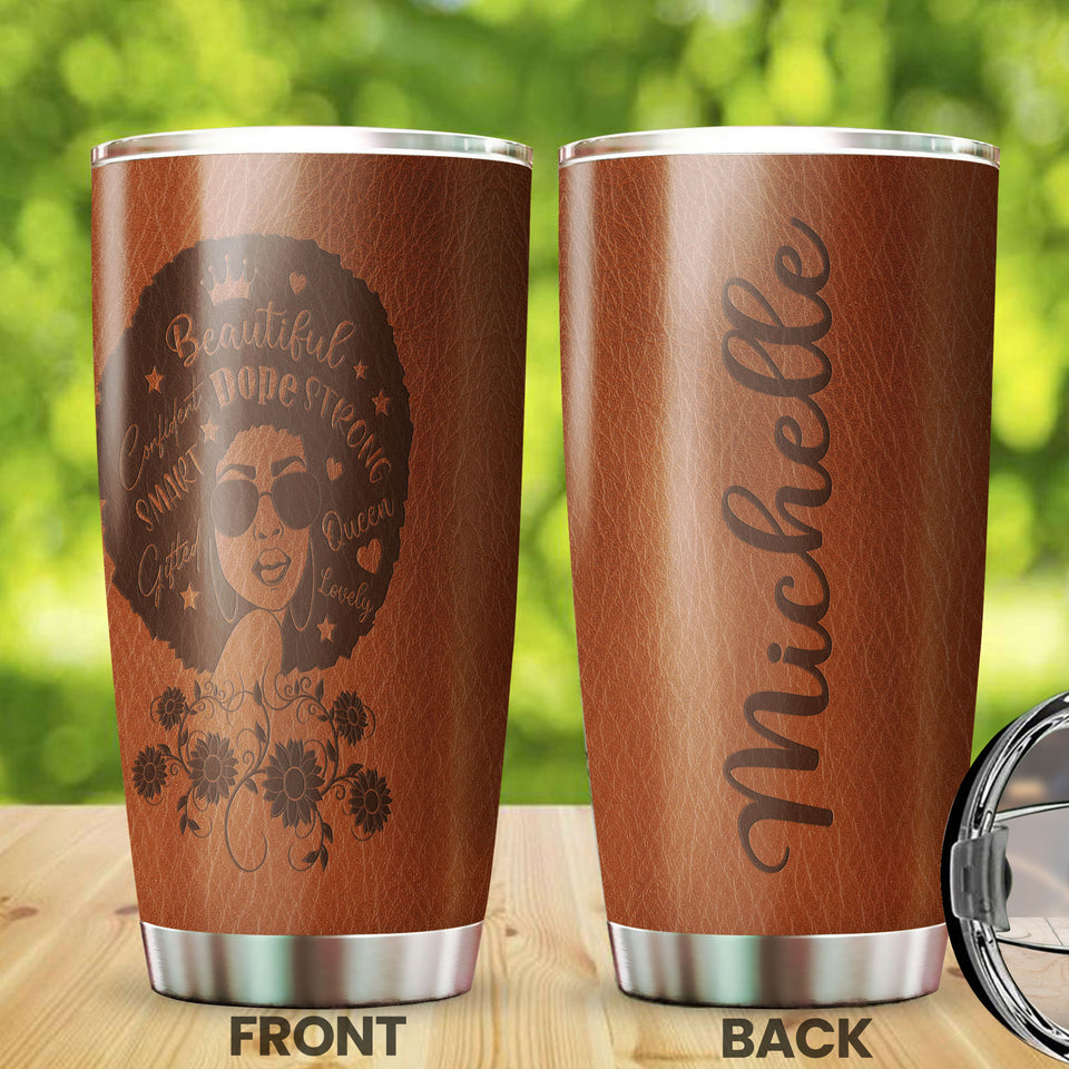 Camellia Personalized Black Women Leather Style Stainless Steel Tumbler - Double-Walled Insulation Vacumm Flask - Gift For Black Queen, International Women's Day, Hippie Girls