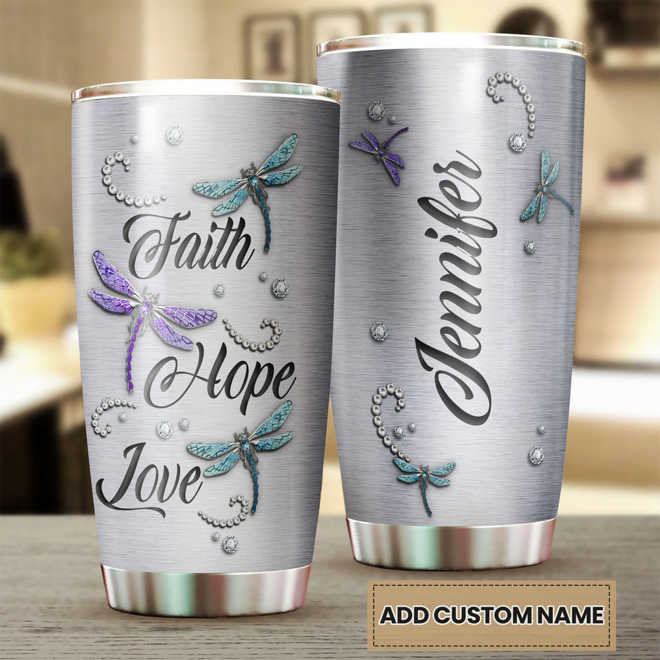 Camellia Personalized Dragonfly Faith Hope Love Stainless Steel Tumbler - Customized Double-Walled Insulation Travel Thermal Cup With Lid