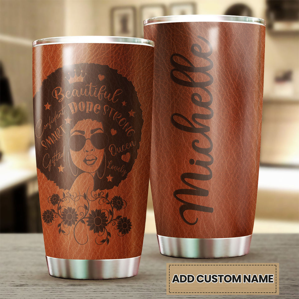 Camellia Personalized Black Women Leather Style Stainless Steel Tumbler - Double-Walled Insulation Vacumm Flask - Gift For Black Queen, International Women's Day, Hippie Girls