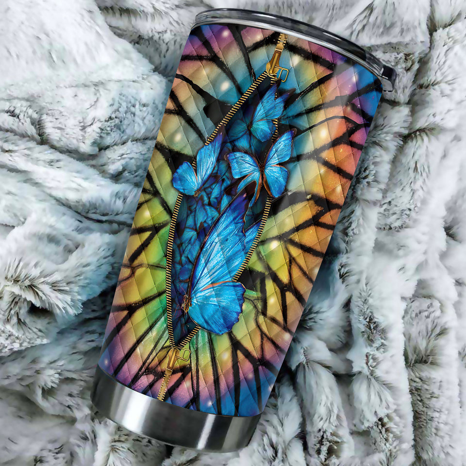 Camellia Personalized Butterfly Zipper Stainless Steel Tumbler - Double-Walled Insulation Vacumm Flask - For Thanksgiving, Memorial Day, Christians, Christmas Gift