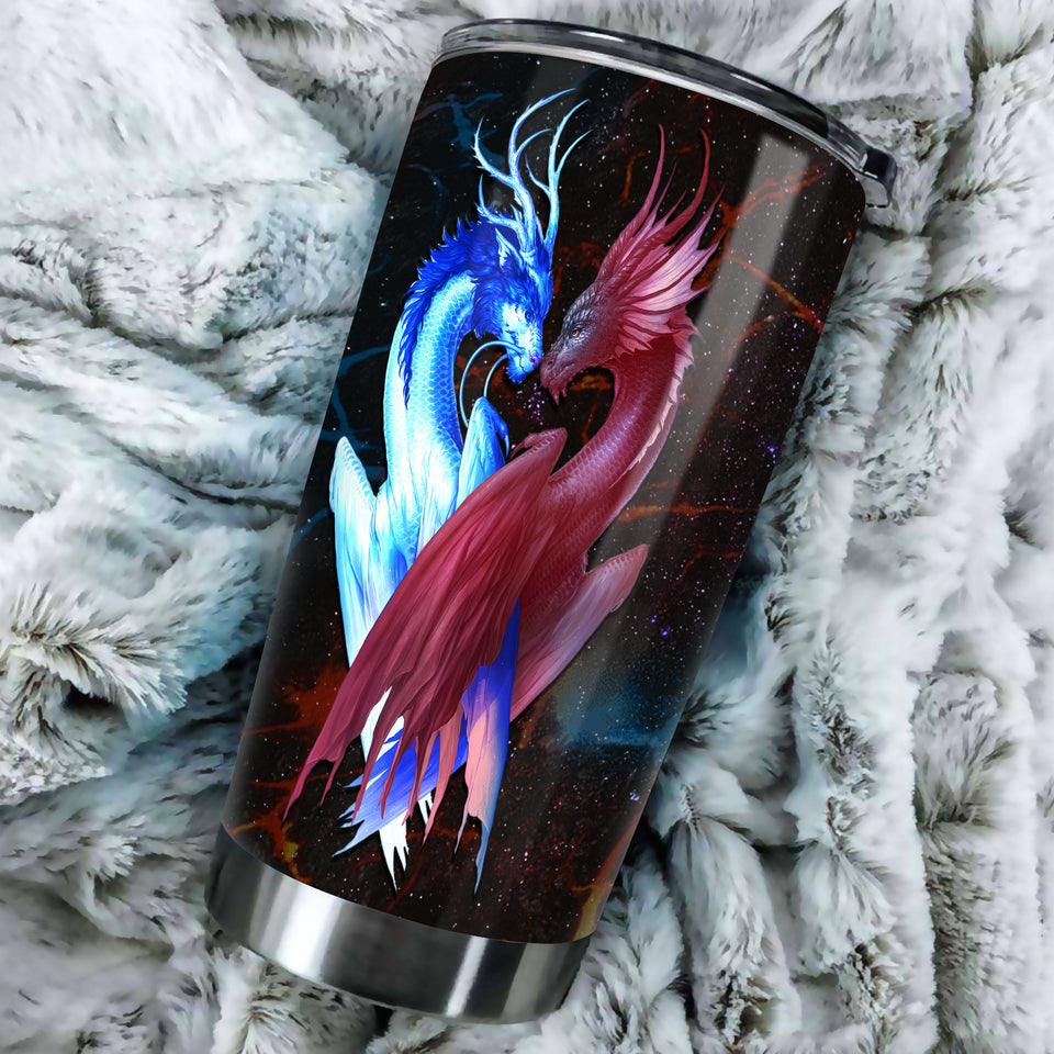 Camellia Personalized Dragon Couple Stainless Steel Tumbler - Customized Double-Walled Insulation Travel Thermal Cup With Lid Gift For Dragon Lover