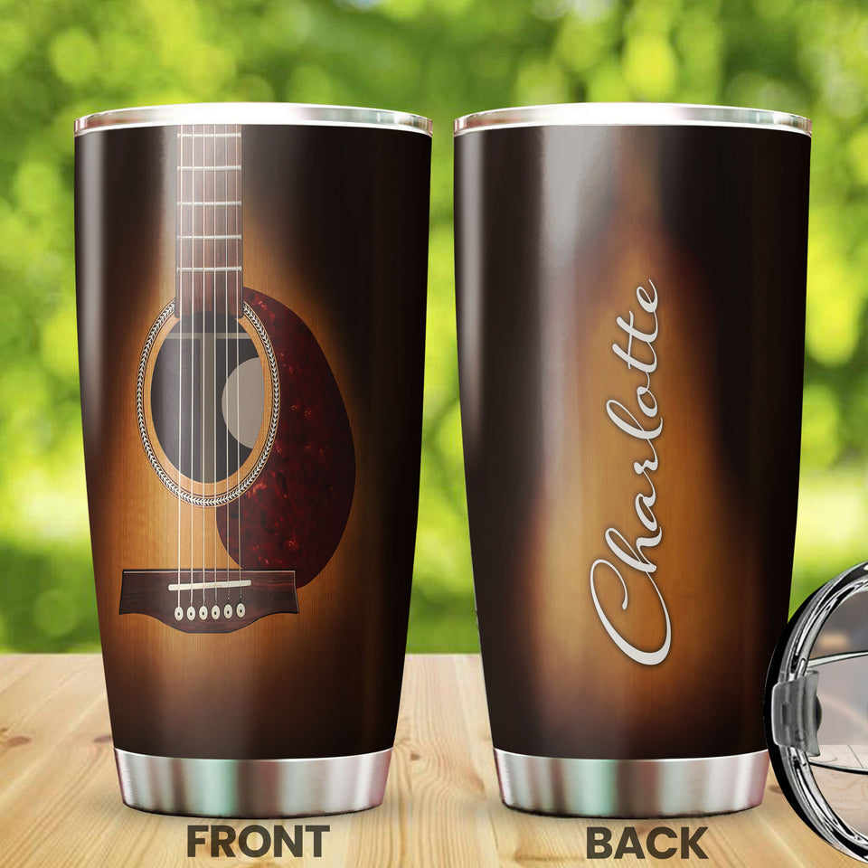 Camellia Personalized 3D Arcoustic Guitar Stainless Steel Tumbler - Customized Double-Walled Insulation Thermal Cup With Lid Gift For Musician Guitarist