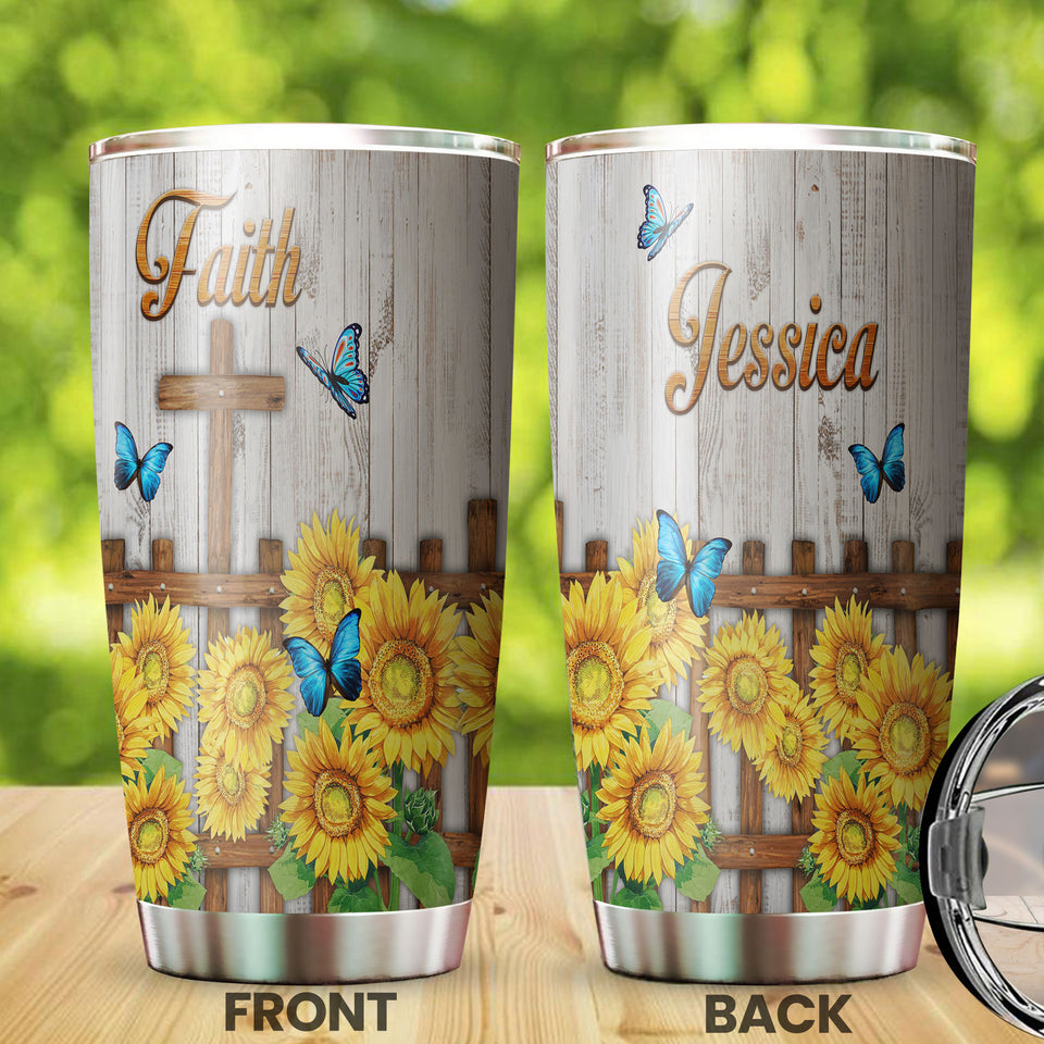 Camellia Personalized Butterfly Faith Sunflower Fence Stainless Steel Tumbler - Double-Walled Insulation Vacumm Flask - For Thanksgiving, Memorial Day, Christians, Christmas Gift