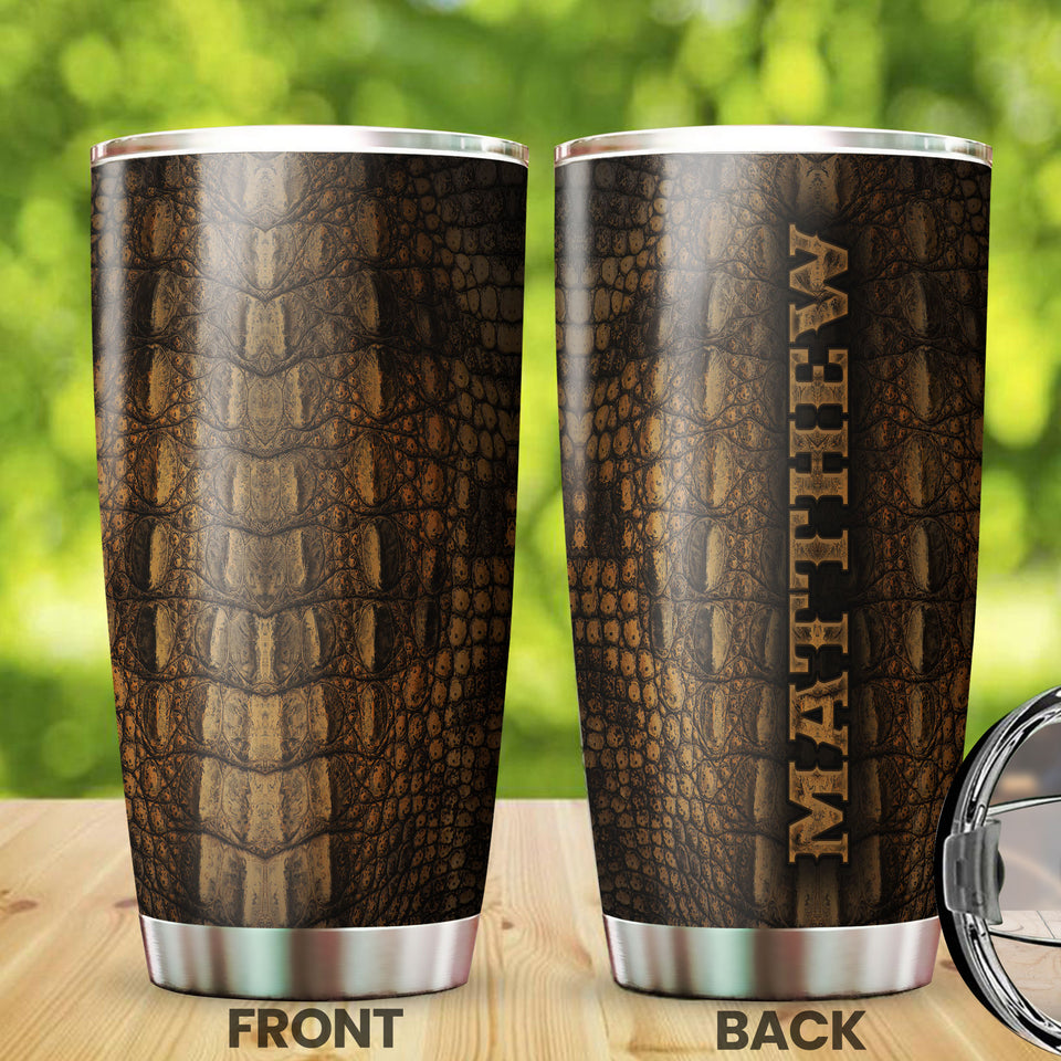 Camellia Persionalized Crocodile Leather Stainless Steel Tumbler - Customized Double - Walled Insulation Thermal Cup With Lid Gift For Baseball Player