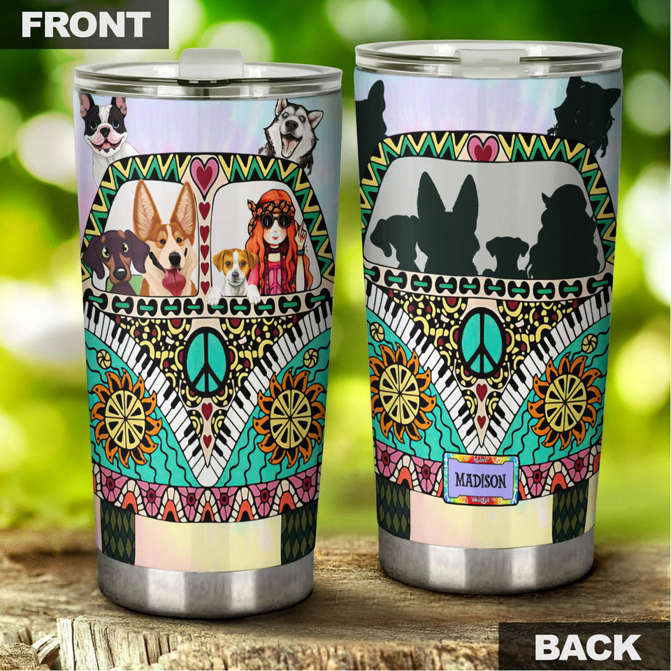 Camellia Personalized Boho Hippie Van Stainless Steel Tumbler - Double-Walled Insulation Vacumm Flask - Gift For Thanksgiving, Van Drivers Gift