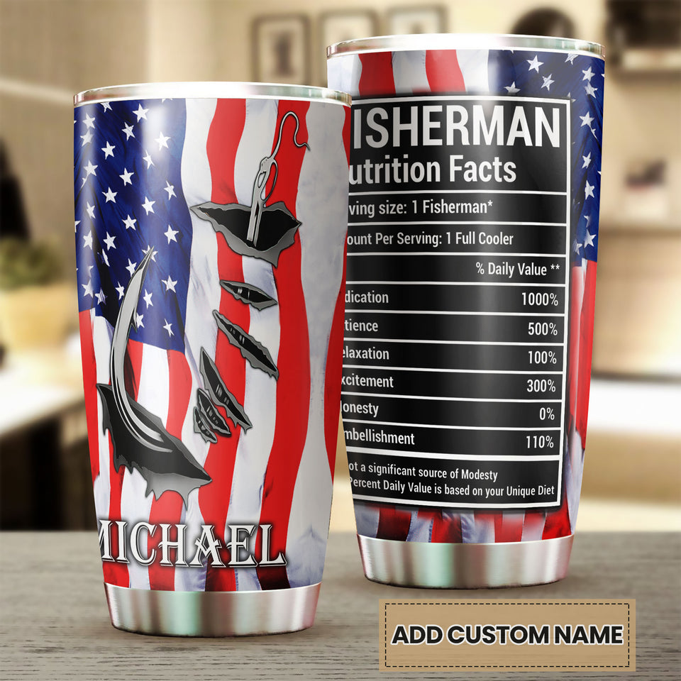 Camellia Personalized American Flag Fisherman Nutrition Fact Stainless Steel Tumbler - Customized Double-Walled Insulation Travel Thermal Cup With Lid
