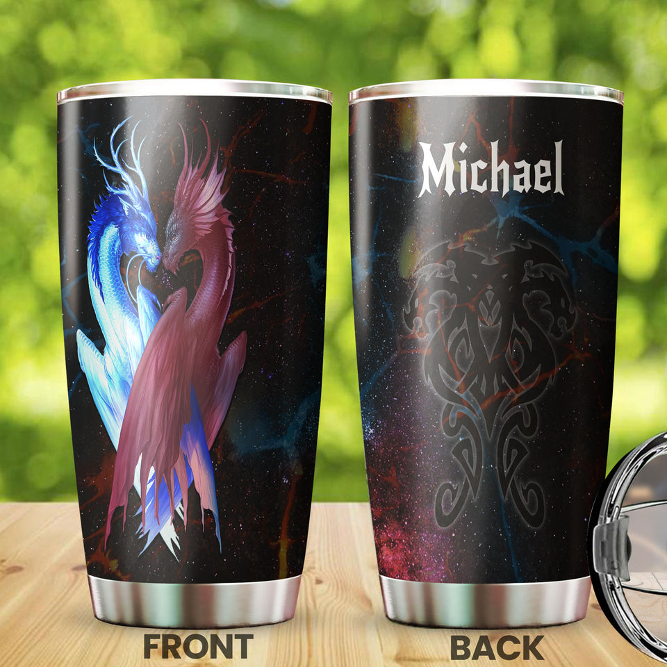 Camellia Personalized Dragon Couple Stainless Steel Tumbler - Customized Double-Walled Insulation Travel Thermal Cup With Lid Gift For Dragon Lover
