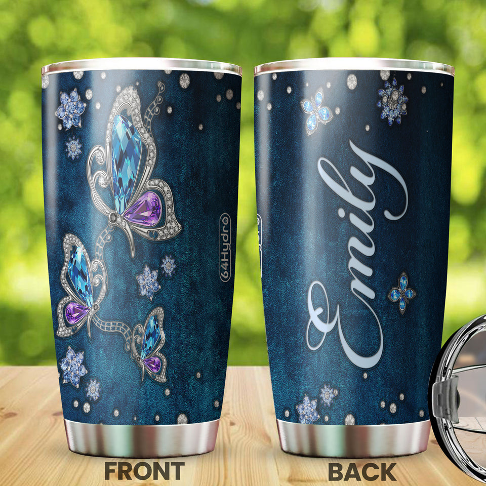 Camellia Personalized Butterfly Jewelry Style  Blue Stainless Steel Tumbler - Double-Walled Insulation Vacumm Flask - For Thanksgiving, Memorial Day, Christians, Christmas Gift