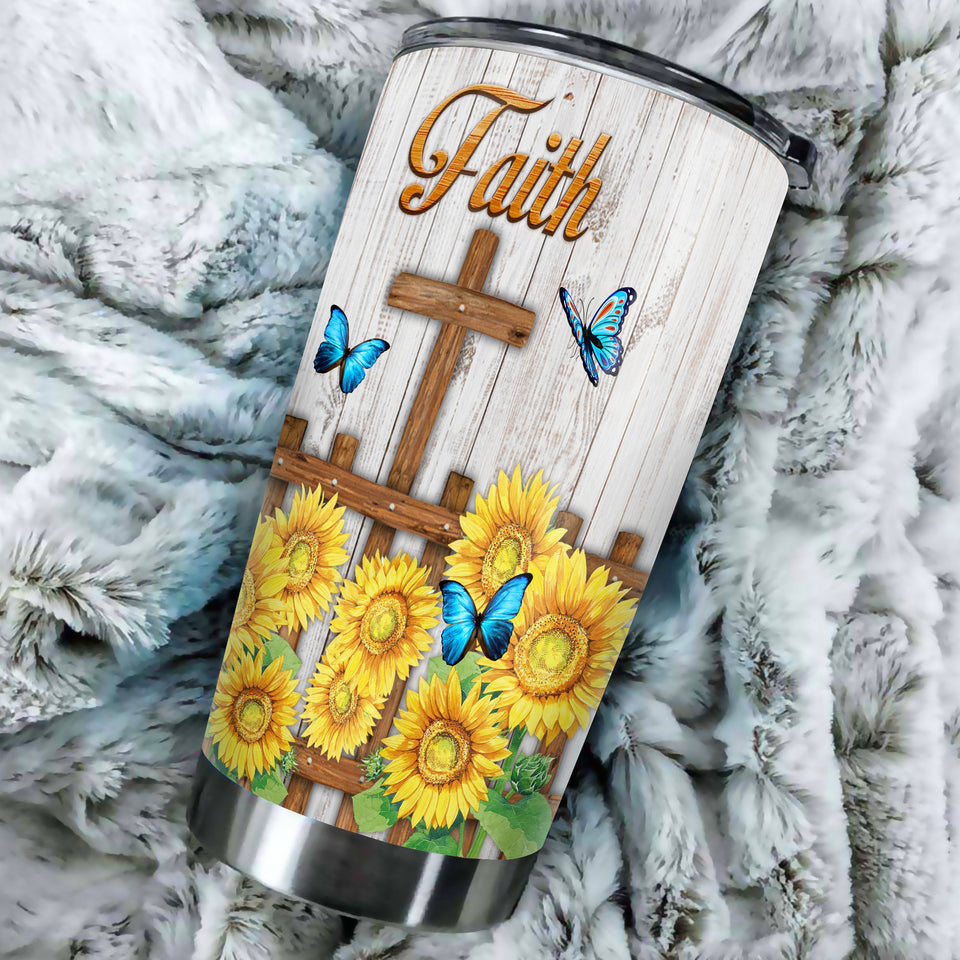 Camellia Personalized Butterfly Faith Sunflower Fence Stainless Steel Tumbler - Double-Walled Insulation Vacumm Flask - For Thanksgiving, Memorial Day, Christians, Christmas Gift