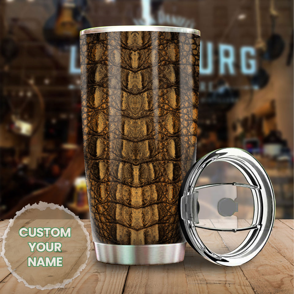 Camellia Persionalized Crocodile Leather Stainless Steel Tumbler - Customized Double - Walled Insulation Thermal Cup With Lid Gift For Baseball Player