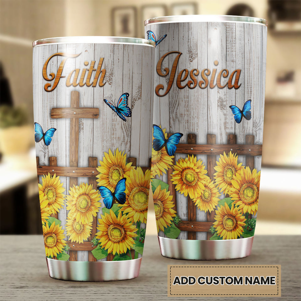 Camellia Personalized Butterfly Faith Sunflower Fence Stainless Steel Tumbler - Double-Walled Insulation Vacumm Flask - For Thanksgiving, Memorial Day, Christians, Christmas Gift