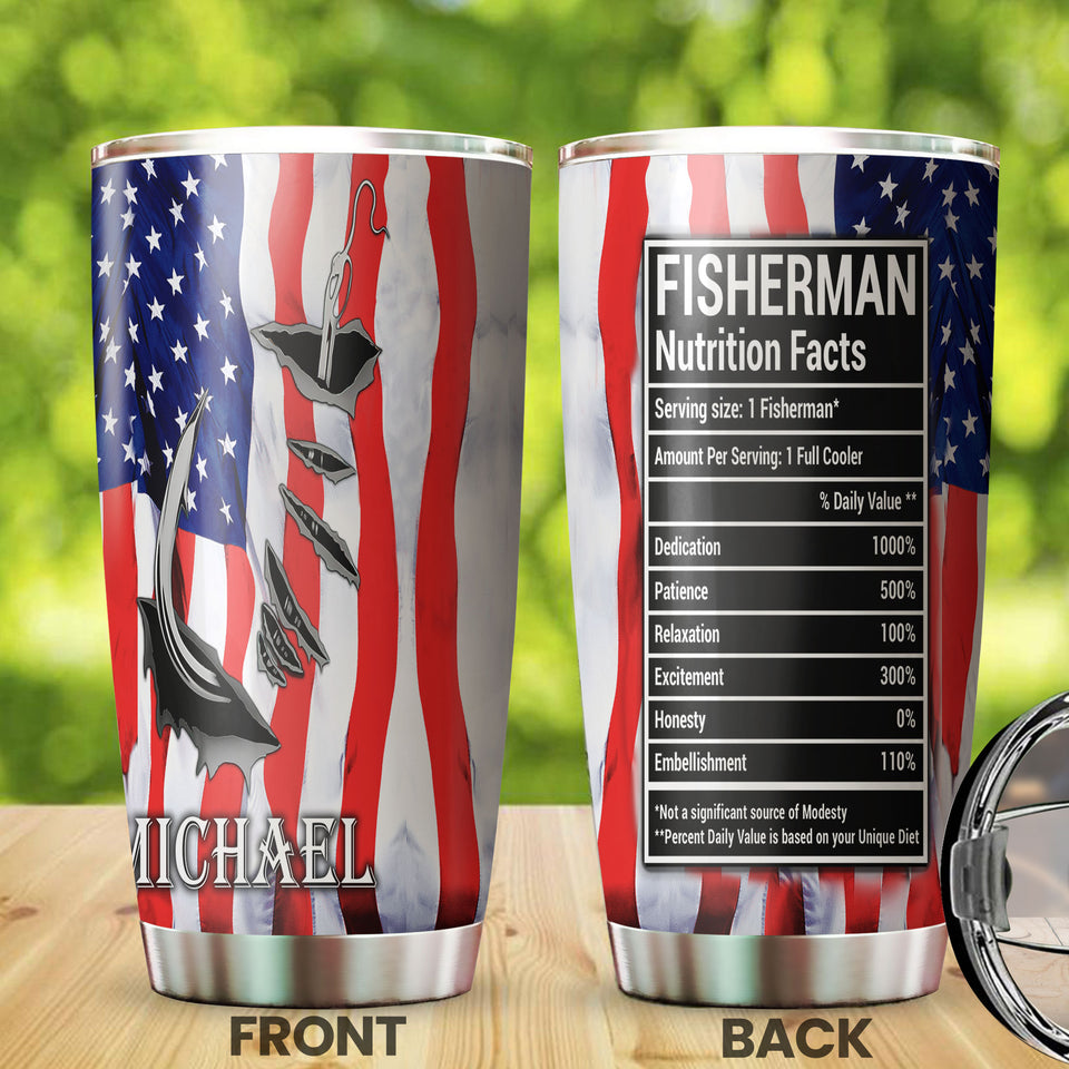 Camellia Personalized American Flag Fisherman Nutrition Fact Stainless Steel Tumbler - Customized Double-Walled Insulation Travel Thermal Cup With Lid